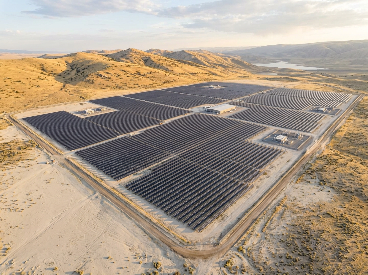 Illustrative solar installation in a dry, Okanagan-style landscape with rolling hills