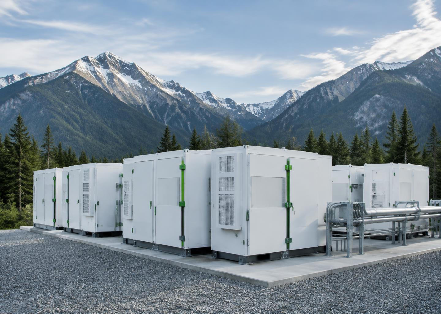 Illustrative battery energy storage installation with mountain surroundings